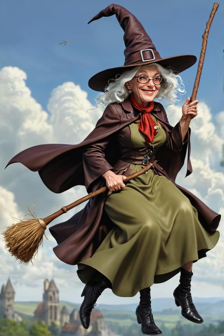 Granny Weatherwax, riding her broomstick, flying over the Discworld. absurd caricature, sexy,