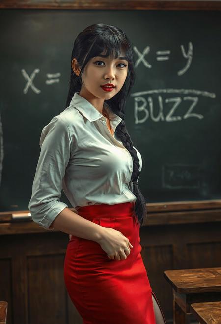 photorealistic eyes, realistic skin texture, 
detailed, hyper-detailed,  intricate details, detailed skin, blonde Chinese woman, teacher standing next to chalkboard, the only thing written  on chalkboard is “x + y = BUZZ” in large chalk writing:2.6,
photorealistic, 1woman, solo, school teacher, beautiful Chinese woman, full round lips:0.9, glossy red lipsticks:2.2, elegant red eyeshadow:0.8, eyeliner,  lips slightly parted, very_long_hair,  long hair, detailed shiny black hair, black_hair, bangs and low loose braid, medium perky breasts, medium full round breasts,  looking_at_viewer, blue_eyes, slightly sheer white cotton button down shirt, shirt partially unbuttoned and open:1.1, hint of  cleavage, red pencil skirt with leg slit showing some of her thigh, high 
waist skirt,  standing in front of blackboard giving a lesson, collarbone, thighs, pantyhose, cowboy_shot:0.8, indoors, hair_over_shoulder, red pencil skirt, desk, sleeves_rolled_up, contrapposto, realistic, 1950s classroom, old classroom, large wall of windows, beautiful window lighting, chalkboard, school, sleeves_pushed_up, asian woman, photorealistic