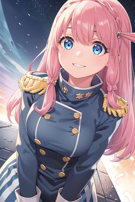 neiookawamura, <lora:nei ookawamura manga-lora-nochekaiser:1>,
nei ookawamura, long hair, blue eyes, hair ornament, pink hair, braid, smile,
BREAK gloves, boots, belt, skirt, uniform, military, military uniform, epaulettes,
BREAK outdoors, space, starry sky, star \(sky\), moon,
BREAK looking at viewer, (cowboy shot:1.5),
BREAK <lyco:GoodHands-beta2:1>, (masterpiece:1.2), best quality, high resolution, unity 8k wallpaper, (illustration:0.8), (beautiful detailed eyes:1.6), extremely detailed face, perfect lighting, extremely detailed CG, (perfect hands, perfect anatomy),