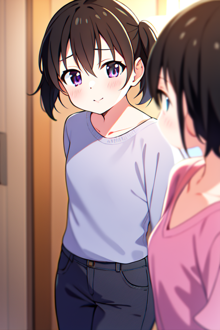 (masterpiece), best quality, expressive eyes, perfect face, ((casual clothes)), hotel room, looking at viewer, blush, {looking at viewer}, kuraue_hinata, black_hair, short_hair, hair_between_eyes, black_eyes