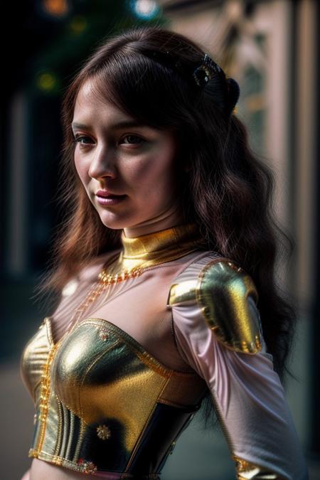 A humanoid AI represented in Art Nouveau style, with intricate, flowing lines and decorative patterns. She has a serene expression, her hair a cascade of metallic threads intertwined with floral motifs. Her body is partly robotic, with gold and pearl accents, seamlessly blending with organic forms. The background is a stained-glass-style design, featuring celestial and floral imagery. Art style: detailed, ornamental, and vintage-inspired."