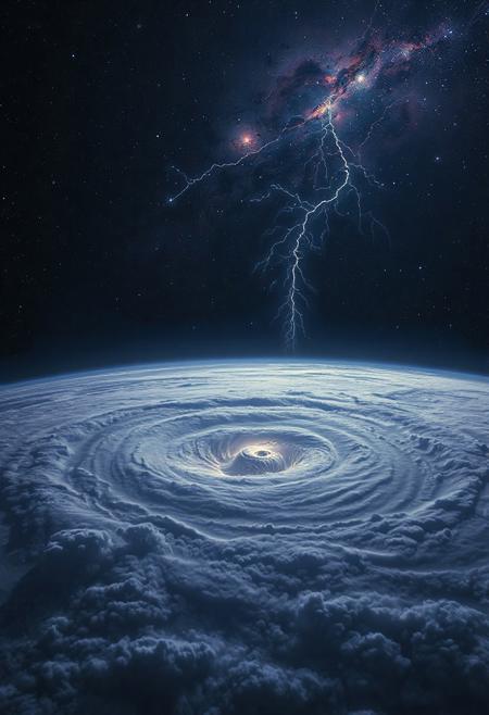 “A cinematic satellite view of an alien planet completely covered by massive, swirling thunderstorms. No land or water—only endless thick clouds, slow-moving tornadoes, and internal flashes of violet, deep blue, and white lightning. Above the storm, distant galaxies and nebulae glow faintly through the atmosphere. The camera pans slowly across the scene, emphasizing the constant motion and raw energy of the storm against the backdrop of infinite space. Mood: dramatic, cinematic, dreamlike.”