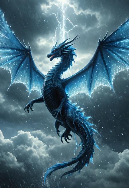 , tearStyle2, majestic water dragon in the sky, body made of flowing liquid and light particles, glowing blue veins, wings dripping water, ethereal flight pose, storm clouds, mystical atmosphere, cinematic perspective, fantasy world