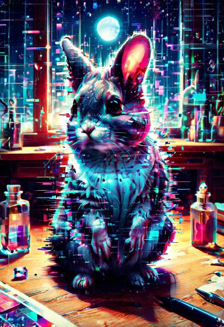 Flickering Worlds, vibrant colors, vivid colors, chinchilla with large eyes made out of glitch style, sitting on a desk next to a bottle of ink, crystals, moonlight drifting in from the open window, dramatic, glitch, Masterpiece, best quality, amazing quality, volumetric lighting, SFW, exquisite detail, digital, digital art, highly detailed, beautiful, surreal,