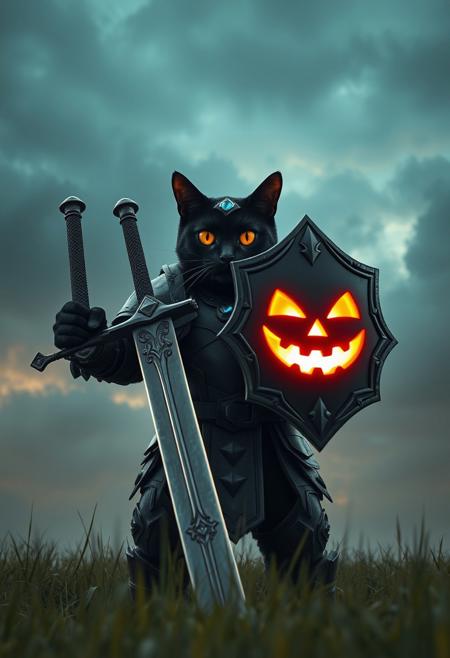 ,A video from a front camera angle about a muscular black cat warrior clad in dark armor holding a glowing shield with a jack-o-lantern face. the video also shows a glowing sword and a glowing helmet.  a 1cat warrior appears to be standing, facing the viewer, looking at them, with its orange eyes. the cat warrior is wearing heavy metal armor, including pauldrons, breastplate, and shoulder armor, and has a blue gem on its forehead. the warrior is holding a sword in one hand and a shield in the other, with a glowing, glowing face on the shield. the background is a dark, smoky sky with a gradient of blue and brown tones, and the video is set in a grassy field.                                  \u13                    ,    The cat warrior raises the shield high, the camera tilts slightly upward to emphasize the glowing jack-o-lantern face.,    ,          remixOf: