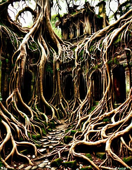 (abandoned city taken over by giant tree roots:1.4), moss, cracked pavement, foggy atmosphere, post-apocalyptic, high detail, vines wrapping buildings, (root-covered windows:1.2)
<lora:SDXL\tree roots_0_100_V1-000008.safetensors:1.0>