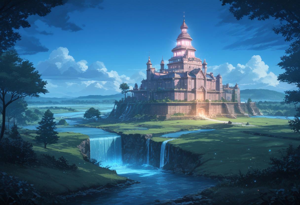 score_9, score_8_up, score_7_up, source_anime, best quality, masterpiece, ultra detailed, landscape, fantasy, sky city, floating islands, waterfalls, glowing lanterns, magical bridges, enchanted gardens, cozy atmosphere, twilight sky, warm lights, mystic aura, breathtaking view, adventurous journey