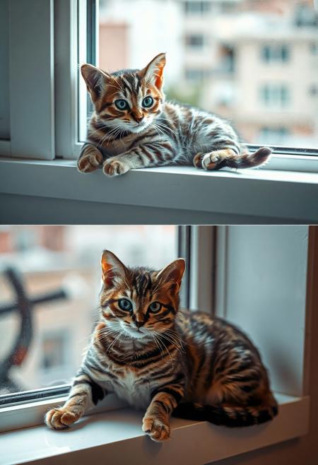 JNANX,luminous white silhouette,cyan glow,emerald highlights,flickering outline,dreamlike movement,
"Generate a photorealistic image depicting two distinct stages of a tabby cat's life, shown in a diptych format. The top panel should feature a very young tabby kitten, small in size, with characteristic brown and black stripes. The kitten is lying comfortably on a white windowsill, its head turned slightly towards the viewer with an expression of curiosity or mild interest. The background visible through the window should be slightly blurred, suggesting an outdoor urban or suburban scene with muted colors of buildings and hints of greenery. The lighting in the top panel should be soft and natural, illuminating the kitten gently.
The bottom panel should portray the same tabby cat, now significantly older and larger, in a similar pose on the same white windowsill. The background visible through the window in the bottom panel should match the top, maintaining continuity. The lighting should also be consistent, suggesting the passage of time but the same environment. The overall mood should evoke a sense of growth and the familiar comfort of a favorite resting spot. Ensure the texture of the cat's fur is detailed and realistic in both panels, highlighting the difference between the soft, downy fur of the kitten and the sleeker coat of the adult cat."