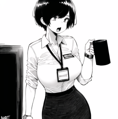 bangs, breasts, coffee mug, collared shirt, cup, dress shirt, greyscale, hand on own chin, holding, holding cup, id card, lanyard, large breasts, monochrome, mug, office lady, open mouth, pantyhose, pencil skirt, shirt, short hair, simple background, skirt, solo, watch, white background, wristwatch