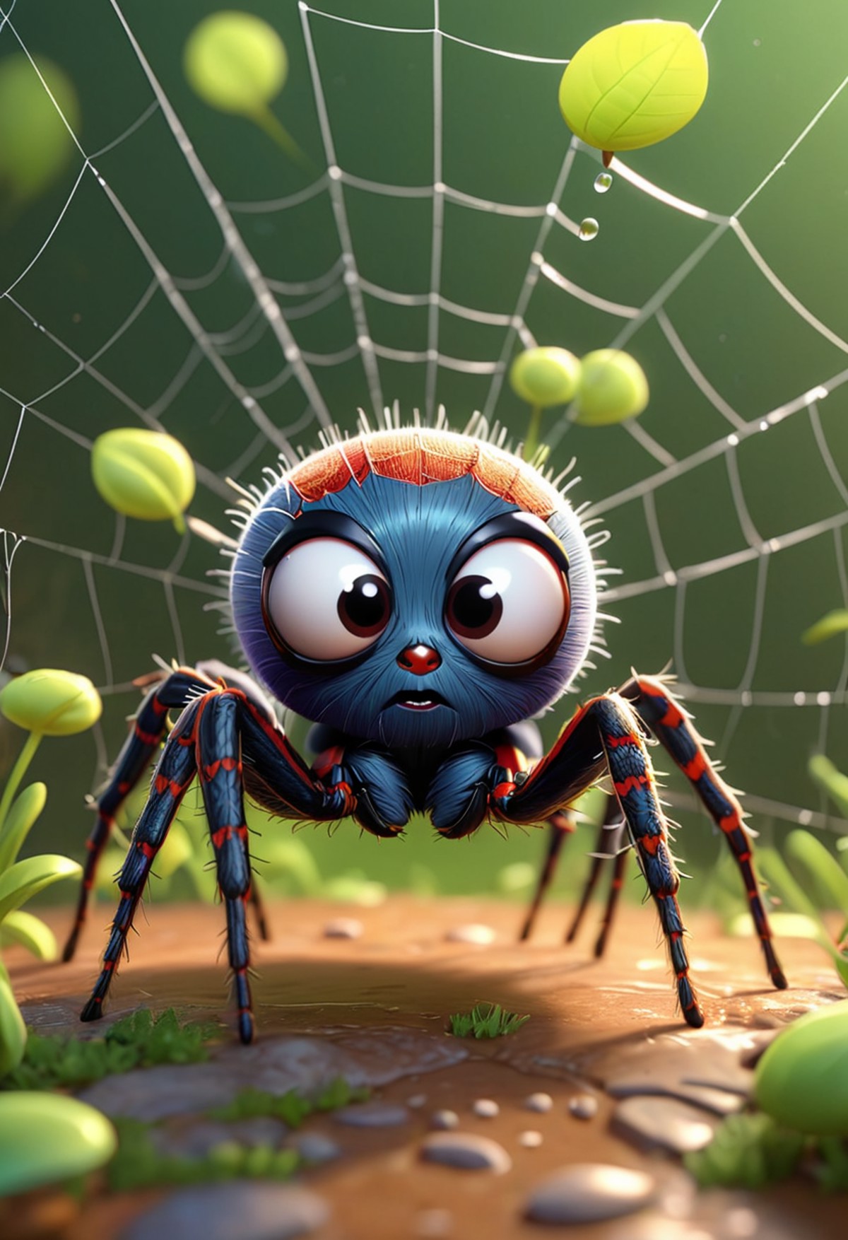 pixar style of a  spider, as a cartoon character,  tinny cute, spider web,   spring ,  high detailed, photorealistic, 8k ,...