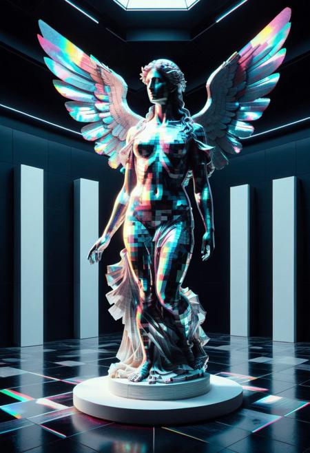 8k, Raw digital photo, a reinterpretation of the Winged Victory of Samothrace glitch holographic fractangles statue, placed in a futuristic white gallery, soft lighting, Full Colour, 80mm, simple dark background,