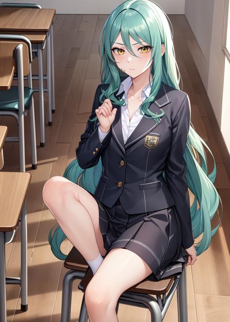 (masterpiece, best quality:1.2)
rita arsenico, 1girl, solo, long hair, bangs, hair between eyes, very long hair, yellow eyes, green hair,
school uniform, school uniform, sitting, school desk, school chair,
<lora:rita_divineElegance_v1-000006:0.65>