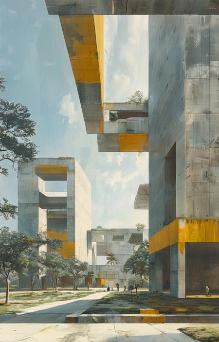 masterpiece,best quality,<lora:tbh311-sdxl:0.9>,illustration,designed by Rem Koolhaas Brutalist concrete university campus with geometric shapes and exposed materials