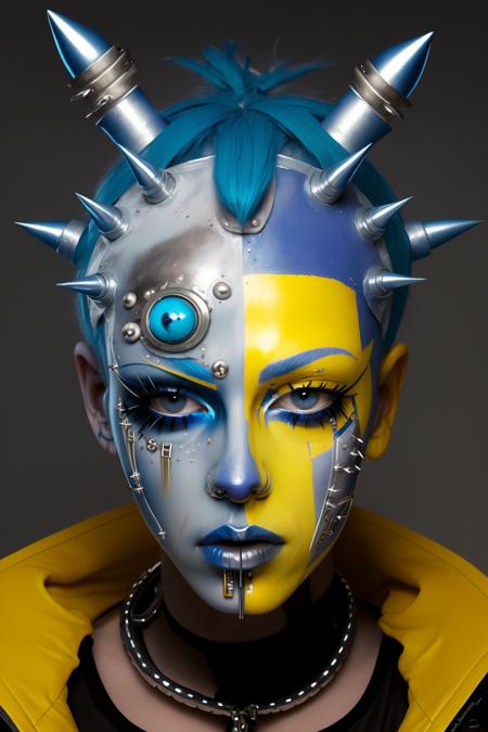 a woman with a blue face and yellow face paint and a blue head with silver spikes on his head, Enki Bilal, cyberpunk style, cyberpunk art, afrofuturism