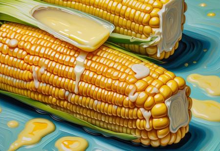 Closeup detailed portrait of Corn On The Cob With a square of butted and melted Butter,  surrealism Vincent Van Gogh matte background melting oil on canvas