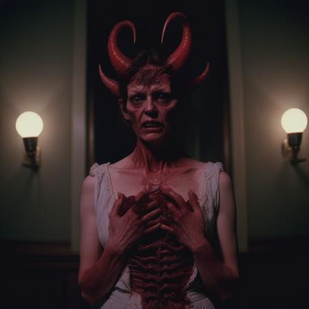 demons behind mother, symmetry, production still, dark horror, soft lighting, cinematic, red-core, 35 mm, panavision, visible film grain, highly detailed