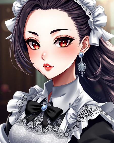 Highly detailed, anime-style girl, beautiful face, smooth porcelain skin, vivid lipstick, perfect makeup, alluring expression, sexy pose, wearing a classic maid outfit with intricate lace details, black and white contrast, elegant and stylish design, soft lighting, background blurred to enhance focus on the character, highly detailed fabric textures, dynamic and flowing hair, vibrant colors