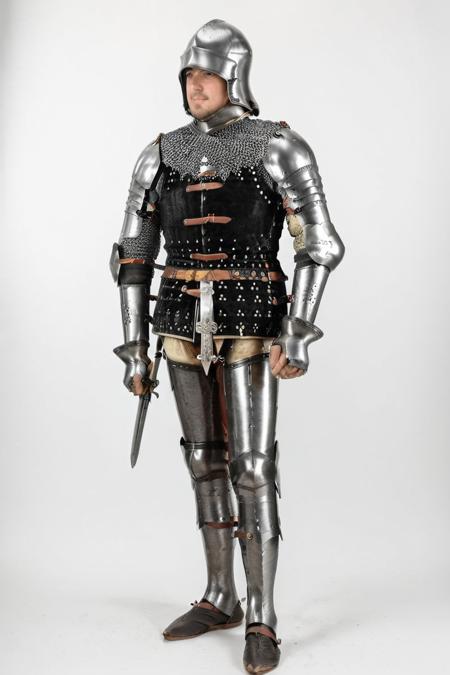 hires digital photo, photorealism, simple white background, standing, full body, wearing black and white brigandine, a sallet, raised_visor, gorget, looking to the side, holding sword over own shoulder, greaves, sabatons <lora:BrigandineXL-000016:1>, intricate details, high resolution,, SDXL_Overall_Detail
