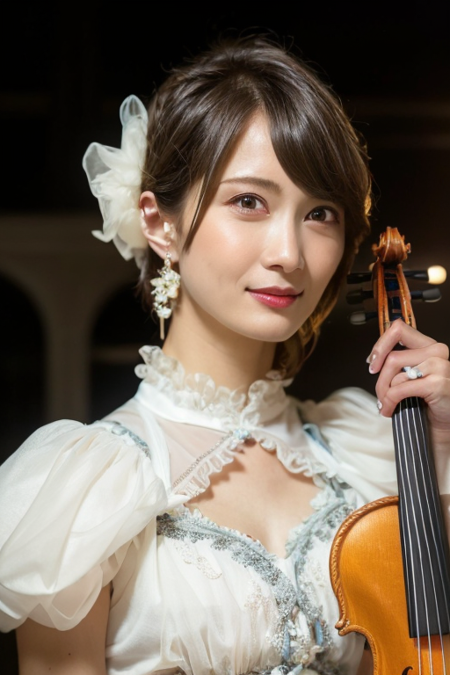 1girl,(wearing a frilly dress with hair ornaments), holding a violin,(RAW photo, best quality), (realistic, photo-realistic:1.4), masterpiece, an extremely delicate and beautiful, extremely detailed, 2k wallpaper, Amazing, finely detail, extremely detailed CG unity 8k wallpaper, ultra-detailed, highres, soft light, beautiful detailed girl, extremely detailed eyes and face, beautiful detailed nose, beautiful detailed eyes,cinematic lighting,city lights at night,perfect anatomy,short hair