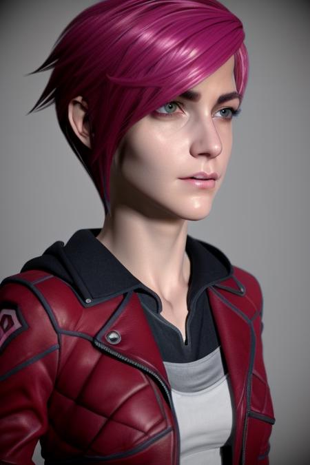 <lora:ArcaneVi-000021:1> arcanevi, a woman with medium short pink hair wearing a red leather jacket, female face, unreal engine character art, full body