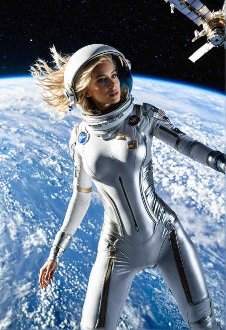 sexy blonde woman, futuristic, revealing spacesuit, sleek metallic design, tight-fitting, high-tech, astronaut, floating in space, outside space station, breathtaking view of Earth in the background, deep blue oceans, white clouds, curvature of the planet, dramatic lighting, glowing stars, realistic zero-gravity movement, hair floating, sensual pose, sci-fi atmosphere, cinematic photography, epic wide-angle shot, sense of vastness, glamorous and confident, 4K, RAW photo, highly detailed photo, sharp details