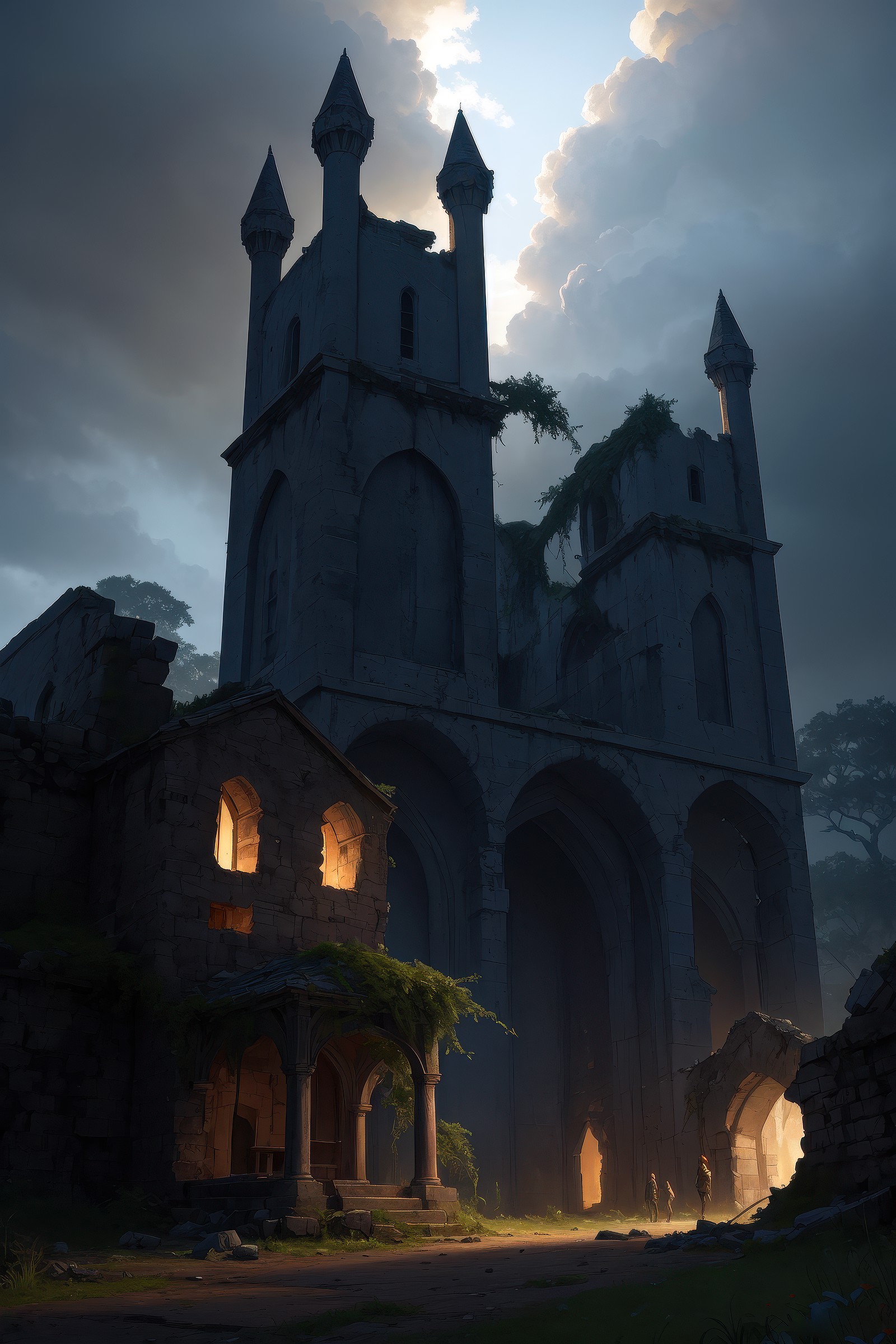ruins of an old castle covered by plants with moody and cinematic lighting by greg ruthkowski and craig mullins and caspar...