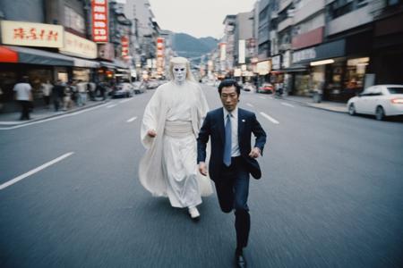 ghost, portrait photo of man , face, slim body, high quality, film grain,motion,samurai,japanese mountain,1000, polaroid, grainy,Montreal,fight on background,A cinematic shot,motion,motion blur,(rush, motion blur),ghostly,ghost,fight,trump ghost,japan city,Tokyo,metropolis
