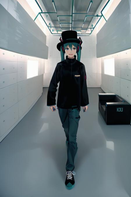 masterpiece, best quality, illustration,
1girl, solo, (hatsune miku:1.4), hat, top hat, blue sweater, denim, black shoes, sneakers,  walking,
VIS1, 1boy, male focus, indoors, black hair, ceiling, hat, couch, tile wall, scenery,
 <lora:VirtualInsanity_V4_1_MIDD_Resize_DIM8:1>