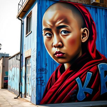End of a building, The mural features a highly detailed and expressive portrait of a young individual, likely a monk, set against a vibrant background. The subject's face is rendered in rich, lifelike detail, with soft shading and a striking gaze that captures a sense of depth and emotion. The red clothing contrasts vividly with the textured blue vertical streaks of the background. Surrounding the portrait are elements of graffiti tags, adding layers of urban culture and spontaneity to the composition. The mix of photorealistic painting and chaotic street art elements creates a dynamic interplay between precision and raw expression..
graffiti, mural, hyper-realistic, vibrant colors, bold letterforms, 3D design, urban art, intricate details, vivid gradients, sharp highlights, contrasting shadows, abstract influences, electric palette, sculptural effect