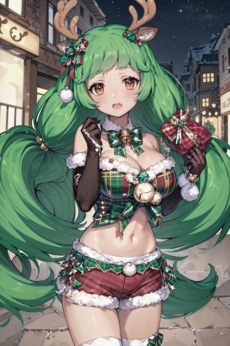 masterpiece, absurdres, high detail, uhd, outdoor, christmas, christmas tree, starry sky, christmas ornaments,
standing, holding sash,
rutika, green hair, very long hair, twintails, santa costume, reindeer antlers, deer ears, hair ornament, bow, detached collar, bowtie, neck_bell, fur trim, red shirt, plaid shirt, crop tops, elbow gloves, navel, brown gloves, frills, brown shorts, dog tail, brown thighhighs
<lora:gomaotsu-luccica-t1-000080:0.7>