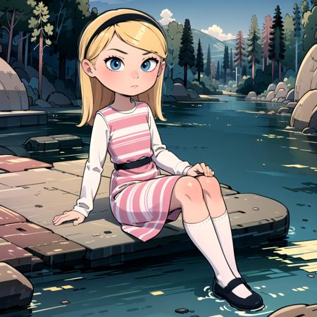 1girl, solo, penny peterson, blonde hair, hairband, blue eyes, pink dress, white shirt, long sleeves, layered dress, striped dress, white socks, mary janes,  