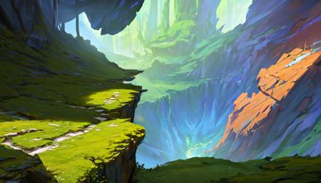 Conceptart,Concept Art,SamWho,mksks style, green moss, species, overlooking chasm, waterfall