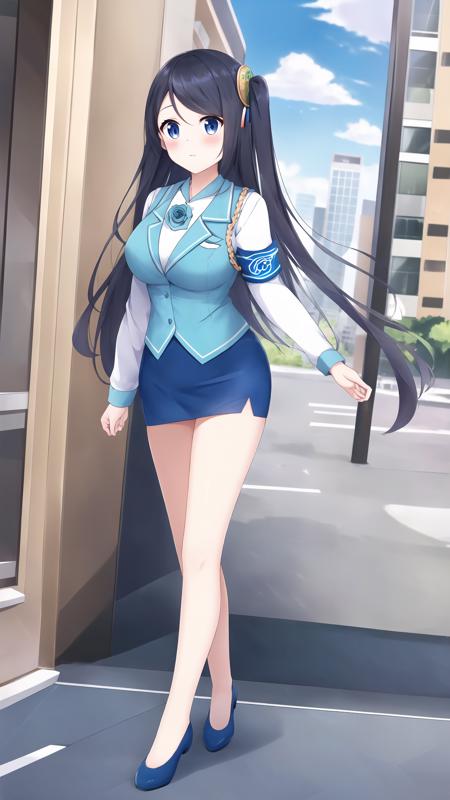 xiao_qiong, 1girl, solo, long hair, blush, blue eyes, skirt, shirt, black hair, hair ornament, long sleeves, white shirt, frills, necktie, rose, blue rose, shoes, collared shirt, miniskirt, vest, blue skirt, one side up, armband, pencil skirt, blue footwear, blue vest