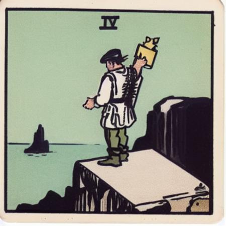 a young man standing on the edge of a cliff, holding a knapsack in one hand and a white rose in the other. He is looking up at the sky, unaware of the danger below him. He is accompanied by a small dog that barks at him, either warning him of the risk or encouraging him to jump.<lora:Tarot:1>