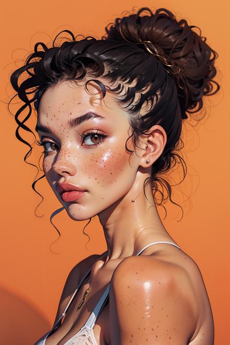 m1xd0ll, 1girl, updo, black hair, brown eyes, portrait, freckles, tan skin, curly hair, upper body, <lora:m1xd0ll:0.7>  masterpiece, best quality, <lora:age_slider_v20:1> <lora:detail_slider_v4:1>