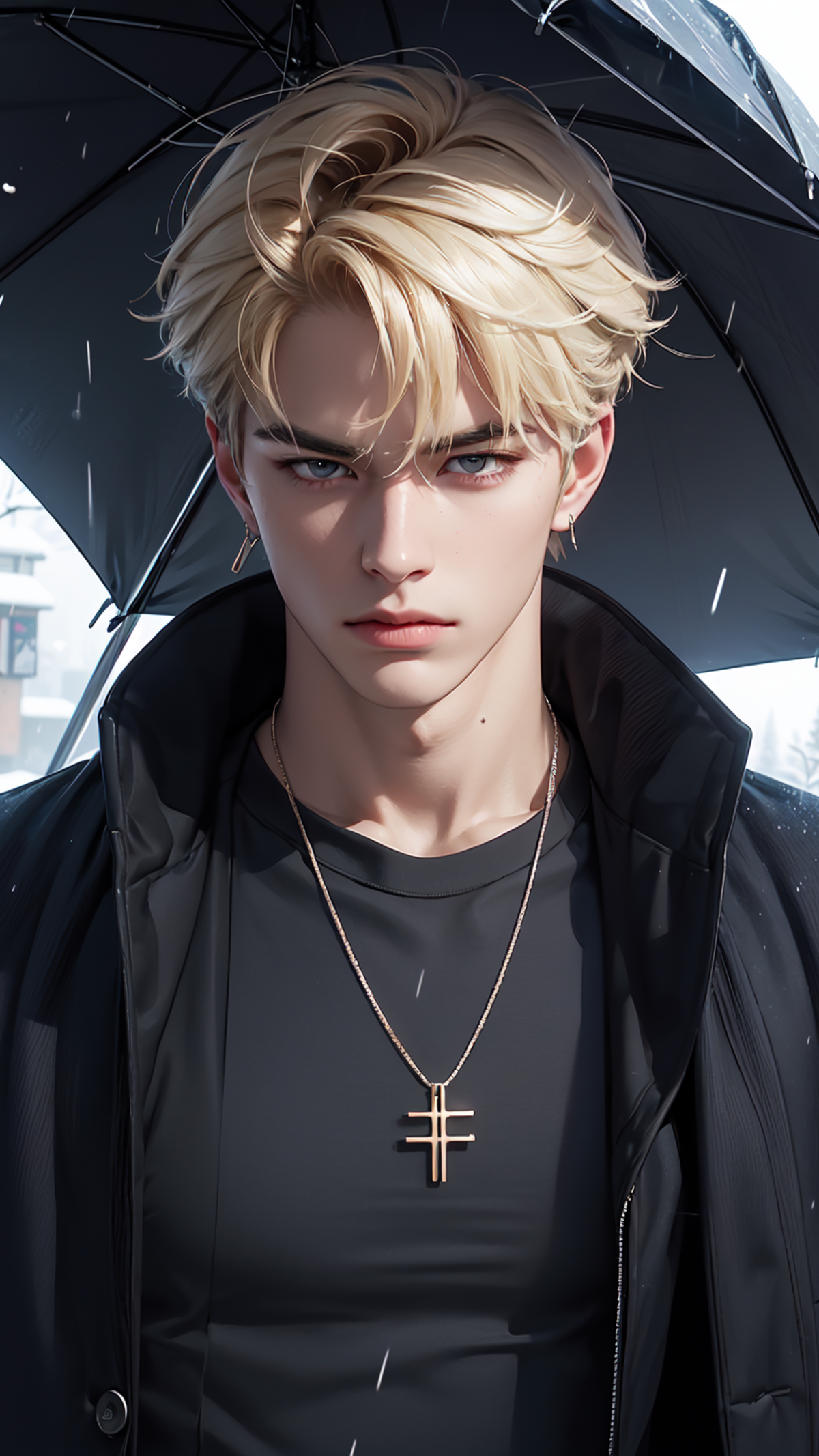 A young man wearing a black shirt and necklace holds an umbrella.