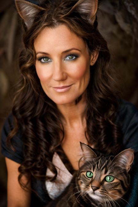 cat costume ,  cave , night  <lora:Orla_Brady:1> masterpiece, best quality, detailed face,, 1girl, solo, a mature o1873b, brown_eyes, realistic, brown_hair, long_hair, posing,