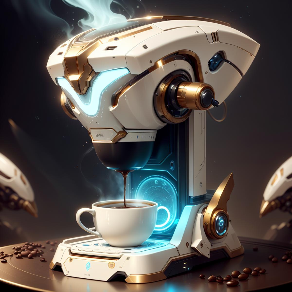 A futuristic coffee machine with a white cup of coffee.