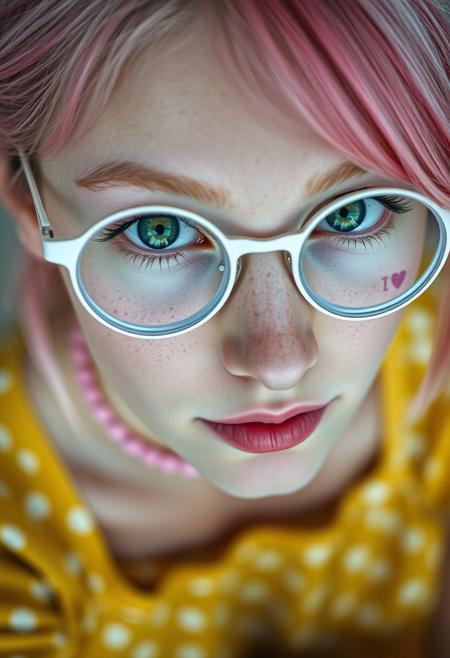 The entire photograph is monochrome, except for the blue eyes. The image is a close-up, high-angle portrait of a young 18 y.o. woman with striking green eyes, in round white glasses, with a pink choker. She is looking directly up at the camera, creating a strong connection with the viewer. Her facial features are soft, and she has a natural, almost ethereal beauty with a face full of freckles that add to her youthful and fresh appearance. There are tattos, pink symbol of heart, on each cheeks. Her pink hair is styled with a side-swept fringe that partially covers her forehead, and the rest of her hair appears to be tied back or away from her face. She is wearing a yellow dress with white dots, which can be seen in the lower part of the image. The focus on her eyes and face gives the image an intimate and engaging quality, with the high resolution capturing every detail of her skin and expression. The background is softly, emphasizing her face as the central point of the image. The overall feel of the image is delicate, natural, and photorealistic, capturing the subject's innocence and charm.