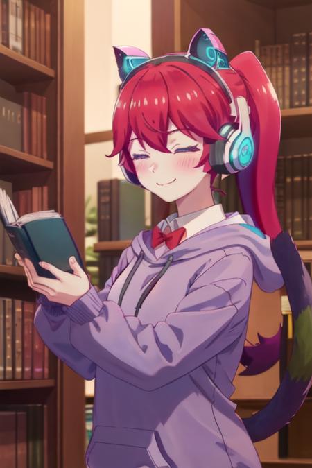 best quality, masterpiece, highres, solo, {irving_amelia_renaiflops:1.15}, red_hair, long_hair, twintails, blue_eyes, bangs, headphones, fake_animal_ears, animal_ear_headphones, animal_ears, cat_ear_headphones, hoodie, 1girl, closed_mouth, collared_shirt, hood, portrait, shirt, white_shirt, blush, bookshelf, blurry, blurry_background, book, closed_eyes, indoors, ponytail, smile