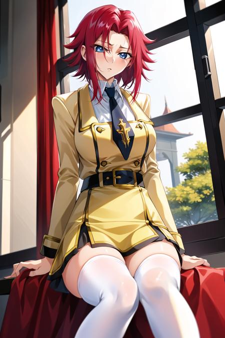 masterpiece, best quality, highly detailed, highres, hdr,
code geass, 1girl, solo, sitting,
(((yellow school uniform))), buckle, collared shirt, dress shirt, yellow jacket, black miniskirt, necktie, yellow belt, thighhighs, white shirt, white thighhighs, zettai ryouiki, 
blue eyes, large breasts, red hair, short hair,
cowboy shot, intense angle,
mksks style, beautiful background, detailed background, professional lightning, indoor, mansion,