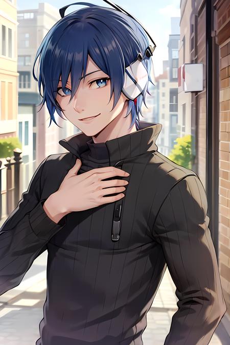 masterpiece, (best quality), 1man,1boy, mcsmtds, blue hair, blue  eyes,male focus,  headphones, shirt, sweater,    (masculine), turtleneck, upper body,   smile,  adult,  vibrant colors ,natural lighting  ,RTX,  handsome, (detailed face:1.2), showcase, (photorealistic:1.1),  (perfect eyes:1.1) , (perfect pupils),  8k uhd,  looking at viewer,  outdoors,  simple backround,