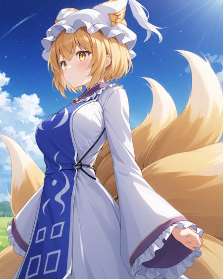 yakumo ran,1girl, solo, fox_tail, hat, tabard, pillow_hat, looking_at_viewer, long_sleeves, multiple_tails, white_dress, wide_sleeves, outdoors, white_headwear, adapted_costume, tassel, breasts, sky, frills, from_side, ofuda, blurry, standing, blush, cowboy_shot, day, closed_mouth
<lora:yakumo_ran_image6380_2023-12-20-000004:1>,star-shaped_pupils,symbol-shaped_pupils,. gorgeous,key visual, vibrant, studio anime,award-winning, professional, highly detailed,high budget, cinemascope