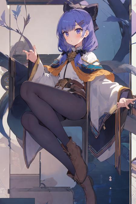 1girl, pantyhose, wide sleeves,belt, brown footwear, hairclip, long sleeves, capelet, purple hair, Blue hair hair bow