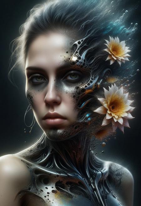 Hyper-realistic digital painting with cyberpunk theme, 
woman blending organic with mechanical, 
holding metallic flower, 
face intertwined with ferrofluid, 
exudes sweetness and danger, 
body adorned with ferrofluid details, 
acrylic texture, 
contrasting colors, 
high-octane rendering, 
surface captured in glitter reflections, 
intricately detailed shiny ferrofluid