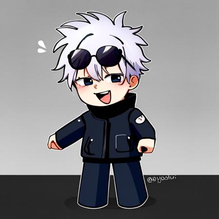 best quality, masterpiece, 1boy, solo, gojou satoru, open mouth, 1boy, white hair, black jacket, popped collar, smile, sunglasses, full body, chibi, <lora:satorugojo:1>, white background, standing, <lora:ROBLOXBlockyStyle:1>