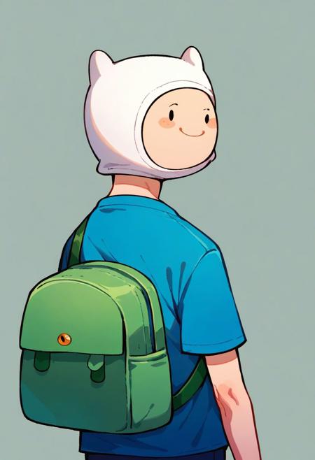 1boy,finn the human, \(adventure time\), Blue shirt, shirt, Blue short, short, with hat, hat, white hat, Blue shirt, shirt, Blue short, short, without hat, dot eyes, green backpack, backpack,