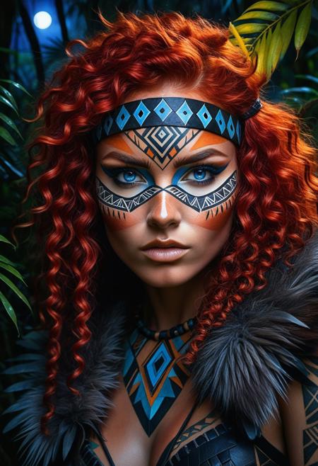 (fantasy art:1.3), (watercolor painting:1.3), (Extreme close-up portrait:1.3), fierce tribal huntress with vibrant fiery red curly hair, intricate geometric primal tattoos symmetrically covering her skin, striking blue eyes, (prominent scar across eyebrow and eye:1.2), leather headband on forehead. Dressed in revealing fur clothing, peering intensely through dense jungle foliage at night. Dramatic chiaroscuro lighting, moonlight casting sharp shadows, atmospheric, hyperdetailed skin, sharp focus, primal aesthetic, (wild, untamed look:1.1), depth of field,