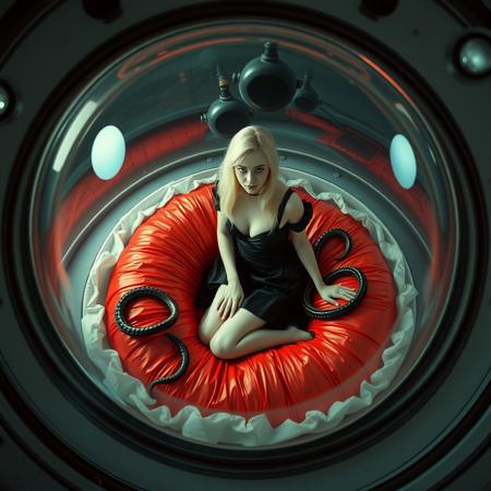Beautiful blonde french gagged maid is seen through giant observation blister of flying saucer. She wears flirty black glossy satin outfit and high heels, kneeling, positioned inside transparent slime egg,  at giant red foil pillow in center of flying saucer cabin. entangled with tentacles  Cinematic film still, shot on v-raptor XL, film grain, vignette, color graded, post-processed, cinematic lighting, 35mm film, live-action, best quality, atmospheric, a masterpiece, epic, stunning, dramatic. view  from above, view outside flying saucer