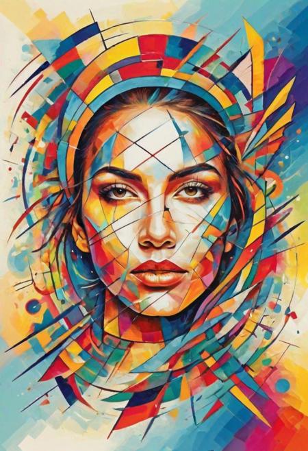 woman face Vivid colors, Embrace the challenges, Global Art and Multiculturalism, Technology and Digital Art, in bold outline style, jagged edges, trashcore, light shading